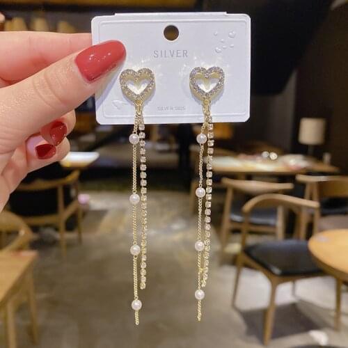 Fashion Long Tassel Pearl Heart Drop Earrings For Women Metal Gold Silver Color Crystal Chain Korean Earrings 2021 Trend Jewelry