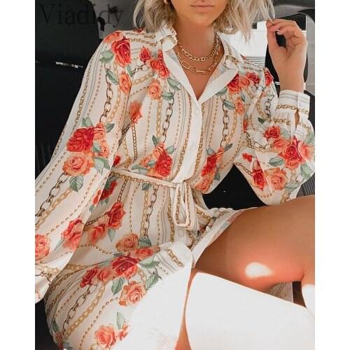 Women Floral Print Single Breasted Slit Long Sleeve Shirt Dress With Sashes