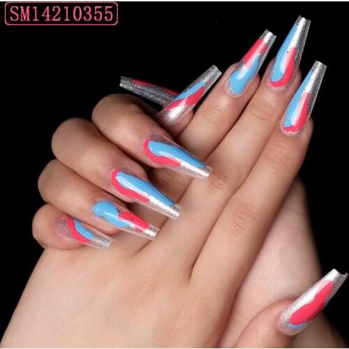 24pcs Fake Nails With Glue Nail Patch Red Blue White Graffiti Type Removable Long Paragraph Fashion Manicure False Nail Patch To