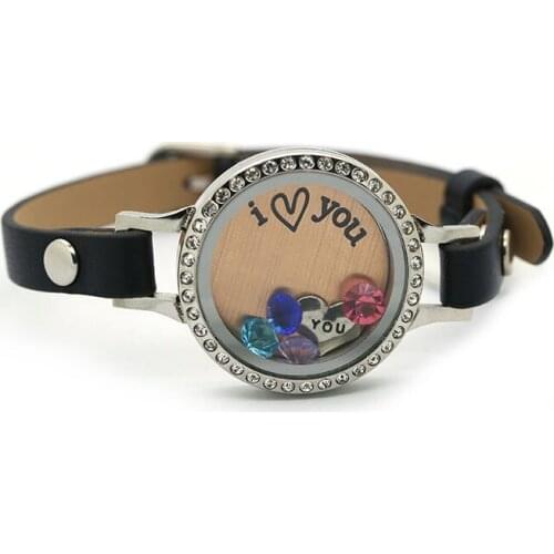 25/30mm Silver Crystals Screw Top Stainless Steel Floating Glass Locket Bracelet Charm Bracelet Leather Bracelet( no charms)