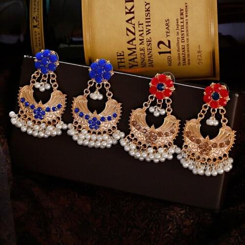 Boho Gypsy Indian Earrings Orecchini Luxury Women Jewelry Wedding Retro Red Flower Pearl Beads Ladies Jhumka Earrings