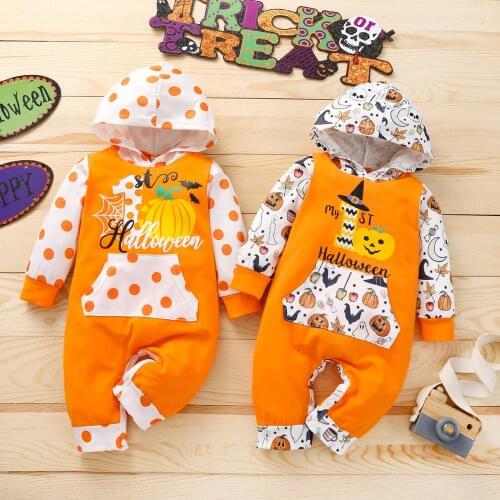 Autumn Infant Baby Boys Girls Halloween Hooded Romper Long Sleeve Creative Pumpkin Letter Printing Jumpsuit Clothes Outfits