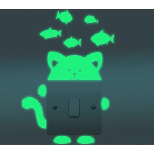 Honana DX-139 Fluorescent Glow Cat Thinking Fish Switch Wall Sticker Home Bedroom Decor
