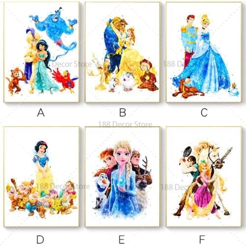 Watercolor Disney Princess and Their Husband Art Disney Canvas Painting Poster and Prints Wall Art for Kids Girl Room Decor Gift