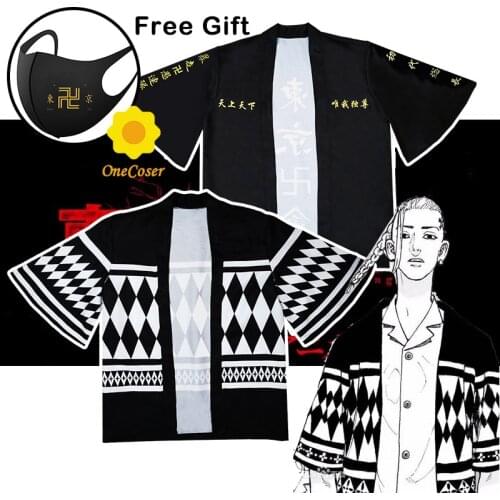 Tokyo Revengers Cosplay Cloak Anime Black White Top for Summer Hanagaki Takemichi Ken Ryuguji Haori Kimono Tee Men Short-sleeve
