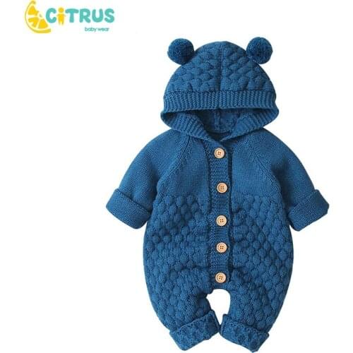 CITRUS Baby Knit Romper Cartoon Bear Knitted Autumn Newborn Boys Hooded Jumpsuits Clothes Winter Long Sleeve Toddler Sweater