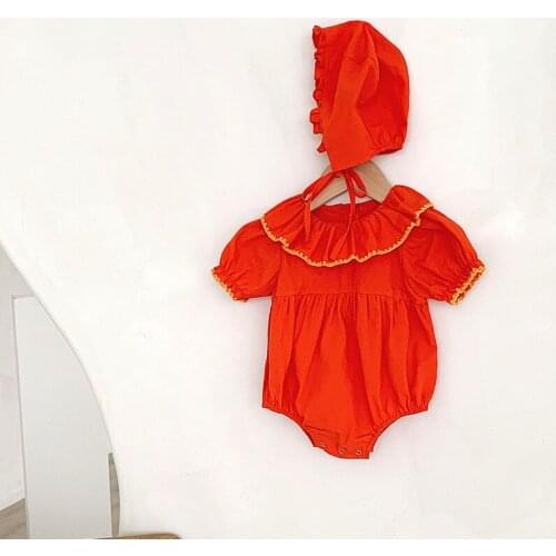 2Pcs Summer Baby Girls Red Cotton Romper with Hat Infant Korea One Piece Jumpsuit Children Birthday Rompers Toddler Bodysuit