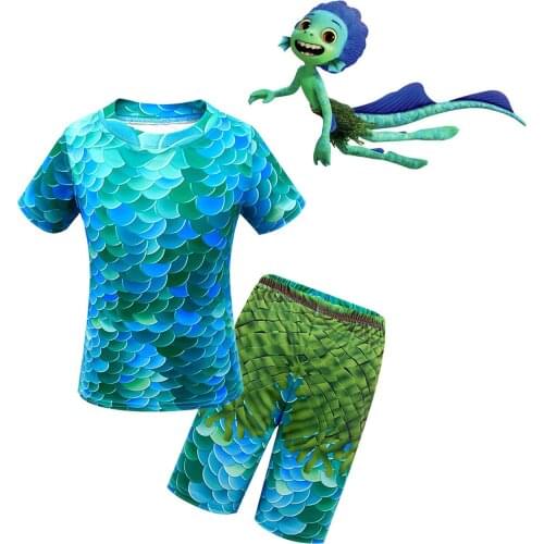 New movie luca Splicing short sleeve Tshirt+pants 2pcs Children Clothes Suit Girls Boys Pajamas Sets summer Kids sports suit