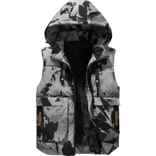Winter Vests Plus Size 4xl Mens Camouflage Waistcoat Hat Detachable Sleeveless Jackets Warm Parka Unloading Windproof Warm Coat
