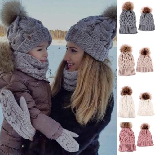 NASHAKAITE Family Look Autumn Winter 2pcs Hats Women Baby Girl Mother and daughter Hairball Knitted Twist Hat matching outfits