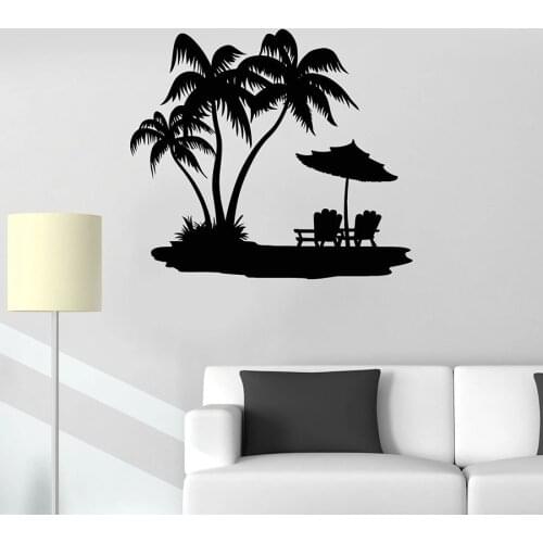 Wall Decal Palm Beach Vacation Travel Recreation Relax Vinyl Window Sticker Ocean Style Bedroom Seaside Restaurant Mural C017