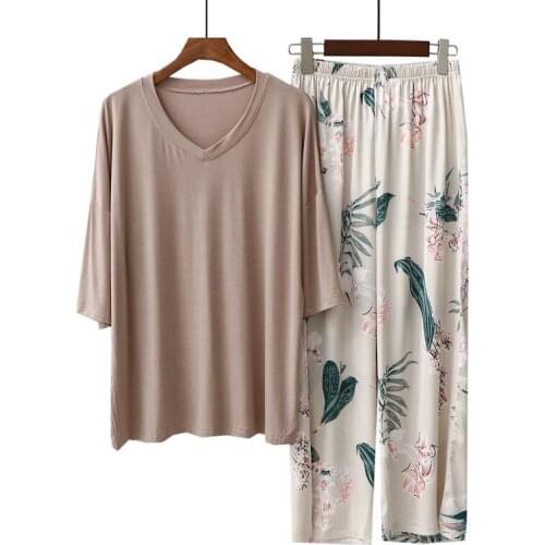 Modal Women New 2021 Cotton Homewear Floral Printing V-neck Half Sleeve Pajamas 2 Piece Loose Big Size Lounge Outfit Nightwear