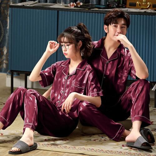 Summer Women Thin Ice Silk Short Sleeve Lovers Long Pants Men Loose Household Couples Pajamas Set