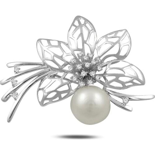 Silverlina Silver Natural Pearl & Zircon Crystal Brooch