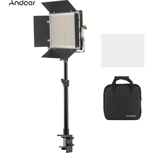 Andoer LED Video Light Fill Light 3200K-5600K 480LEDs Barndoor+Metal Desk Mount Light Stand Adjustable Height for Live Streaming