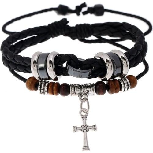 Vintage Fashion Cross Bracelet Chain Black Brown Weave Leather Retro Charm Wrap Bangle Wristbands Punk Casual Women Men Jewelry