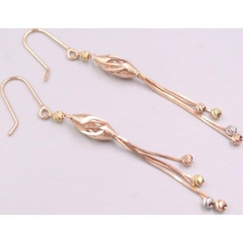 Pure 18K Rose Gold Dangle Women Lucky Gift Colourful Hollow Olive Beads Snake Chain Earrings / 3.3-3.5g