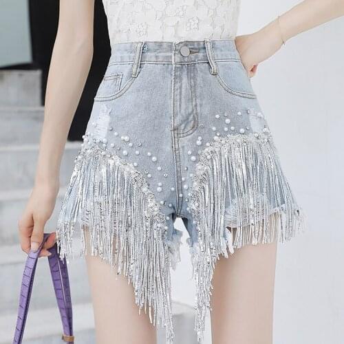 Womens 2021 New Summer Rhinestone Pearls Tassels Beads High Waist Denim Shorts Female Casual Wide Leg Jeans Chic Wild Shorts