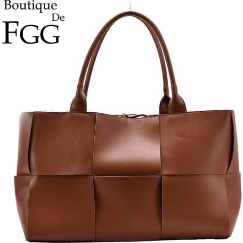 Boutique De FGG Faux Leather Women Fashion Totes Handbags Casual Woven Big Plaid Office Lady Shoulder Bags