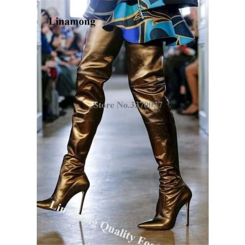 Linamong Women Sexy Pointed Toe Over Knee Stiletto Heel Boots Gold Blue Leather Slim Style Thigh Long High Heel Boots Dress Shoe