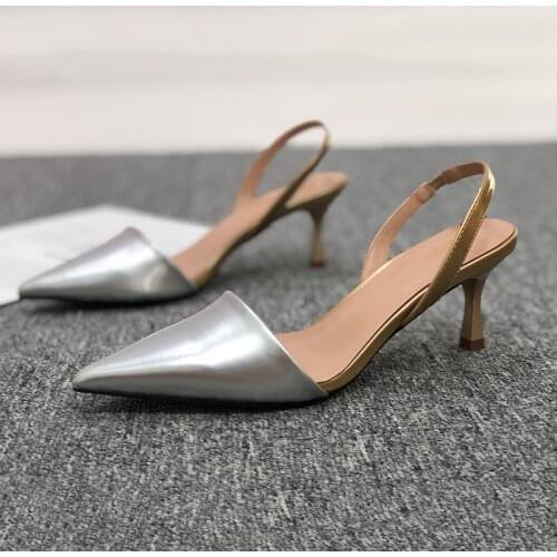 2021 Silver Pointed-toe Cat heel Solid Women Sandals Ladies Pumps Casual Summer Office & Career Shoes Med (3cm-5cm) High Heels