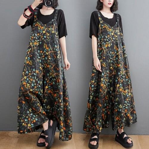 Printed Casual Summer 2021 Large WomenS A-Line Trouser Wide Leg Pants Covered Crotch Suspender Flower Long Jumpsuits