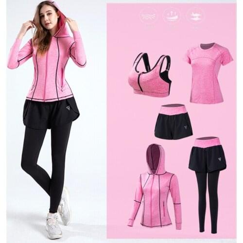 Running Women 5 Pieces Set Quick Dry Yoga Sportswear Clothing Fitness Gym Tracksuit High Waist Pants+Shorts+Bra+T Shirt+Coats
