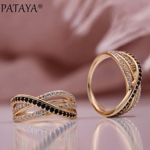 PATAYA New Black White Natural Zircon Line Cross Ring Women Vintage Luxury Fashion Jewelry 585 Rose Gold Geometric Hollow Rings