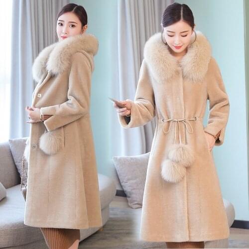 Women real wool overcoat sheep shearing fur coat hooded with fox fur collar long female fur winter outerwear