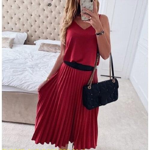 Spring/summer 2021 Europe and the United States cross-border pure color v-neck dress sexy strap pleated skirt
