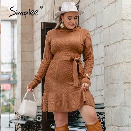 Simplee Casual turtleneck women dress plus size Office ruffle long sleeve sweater dress winter Elegant lace up ladies vestidos