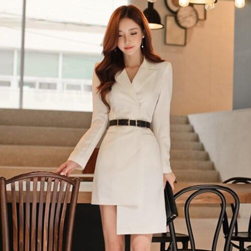 Womens Dress Spring New Trial Womens Fashion White Dress Single Breasted Temperament Slim Fit Hip OL Professional Dress