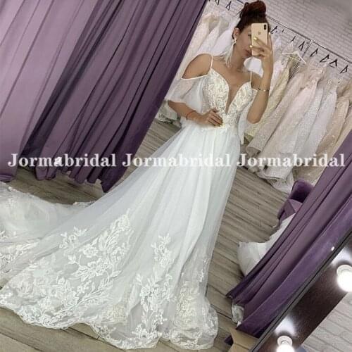 Floral Appliques Bohemian Wedding Dress Long Train 2021 Off Shoulder Polka Dot Tulle Low Back Beach Bride Gowns Robe De Mariee