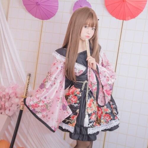 Women Japanese Kimono Sakura Printed Anime Costume Haori Party StageTraditional Japanese Kimono Halloween Fancy Dresses