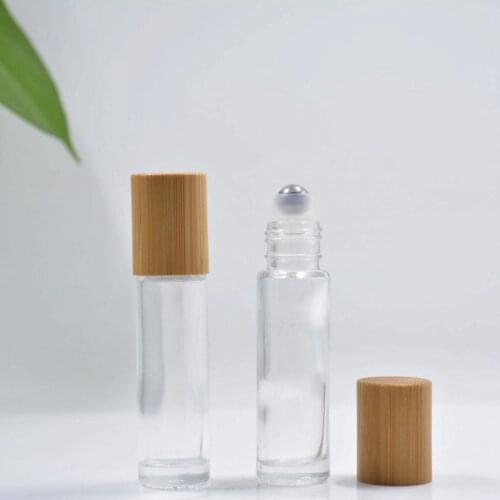100pcs 10ml Natural Bamboo Lid/Cap Thick Clear Glass Essential Oil Roll On Bottle Metal Roller Ball for Perfume Aromatherapy