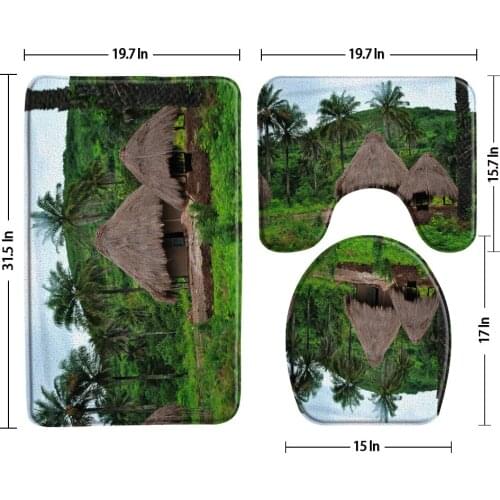 African Palm Tree House Landscape Bath Mats Shower 3 Pcs Bathroom Rug Sets Valley Non Slip Bath Decor Toilet Cover U-Shaped Pad