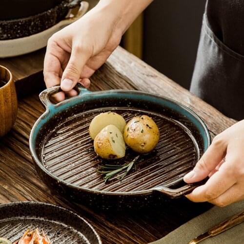FANCITY Binaural Horizontal Pattern Disc Flat Plate Creative Japanese Style Microwave Oven Plate Baking Plate Household Western