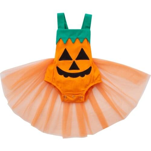 Baby Halloween Pumpkin Patchwork Bodysuit Dress Girls Sleeveless Square Collar Short Sling Mesh Jumpsuit