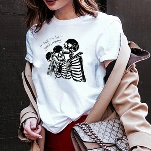 In Hell I Will Be Good Company Three Skeleton Gothic t-shirt women graphic funny fashion 100% Cotton unisex tee top fit tshirts