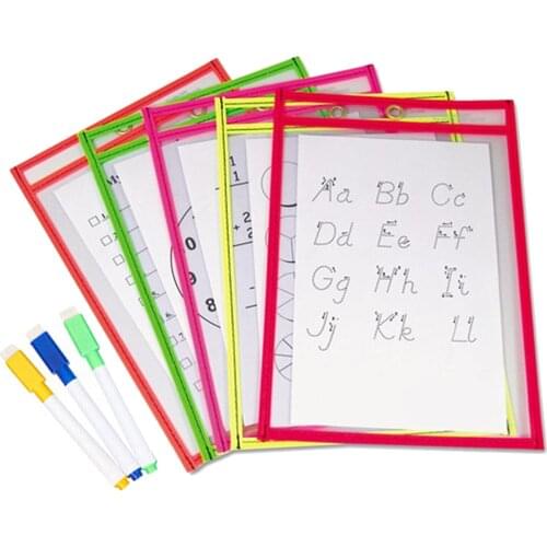 10PCS Reusable Clear Dry Erase Pockets Sleeves with 3PCS Pen for Classroom Organization Teaching Supplies Write And Wipe Pockets