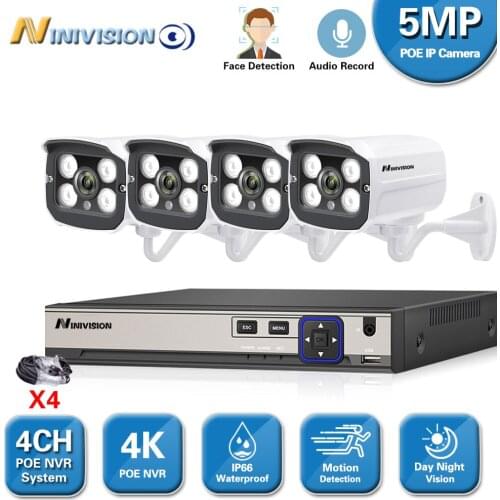 NINIVISION H.265 + 4CH AI Face Detection 5MP POE IP Dome Camera System Kits Waterproof CCTV Security Video Surveillance Set