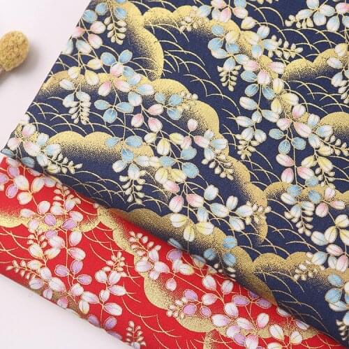 Red Navy Blue Japanese Bronzing Leaves Cotton Fabric For Sewing Kimono Dolls & Bags Needlework Patchwork Cloth