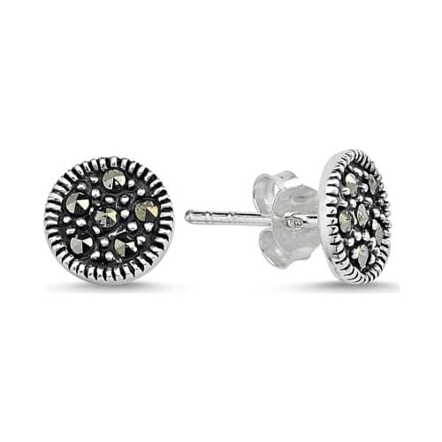 KUTAYDAN Marcasite Cubic Zirconia Round Earrings 925 Sterling Silver