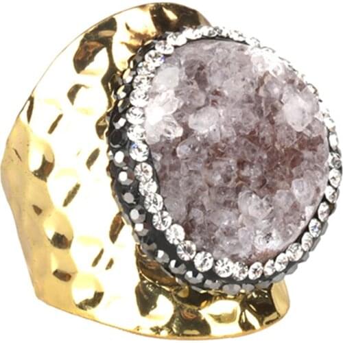 Round rough natural dim grey druzy drusy semi precious stone pave white black rhinestone hammered open ring cuff for women man