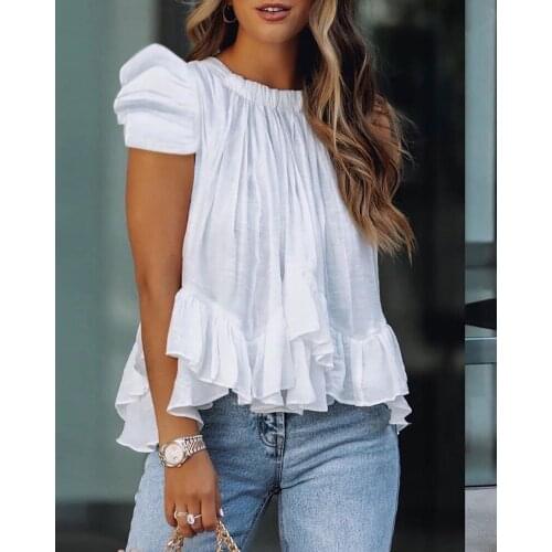 Summer Casual Solid O-Neck Ruffles Short Sleeve Puff Sleeve Ruffle Hem Blouse Ladies Loungewar Daily Ruched Tops Workwear Shirts