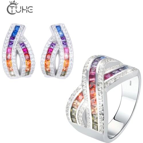 New Design Silver Color Rainbow CZ Ring Earrings Set for Women S925 Sterling Silver Cross Lady Jewelry Set Wedding Jewelry