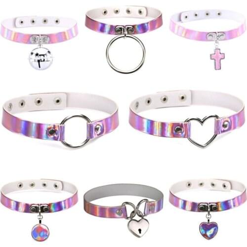 Sexy Laser Pink Color PU Leather Choker Necklace Women Punk Goth Harajuku Heart Round Bell Cross Necklaces Festival Jewelry Gift