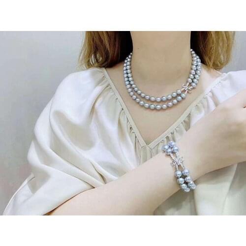 Micro inlay zircon clasp accessory 45-48cm 8mm gray shell pearl necklace bracelet set fashion jewelry