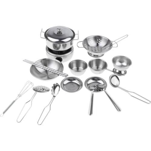18 Pieces Simulation Silver Stainless Steel Cookware Pan Bowl Chopsticks Dish Plate Stove Children Real Cooking Toy Role Play
