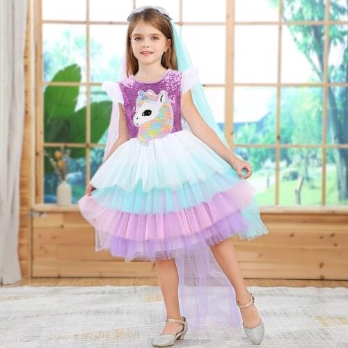 Fluffy Girl Princess Unicorn Dress Baby Girls Long Tail Birthday Party Dresses Kids Unicorns Sequins Colorful Tutu Ball Gown